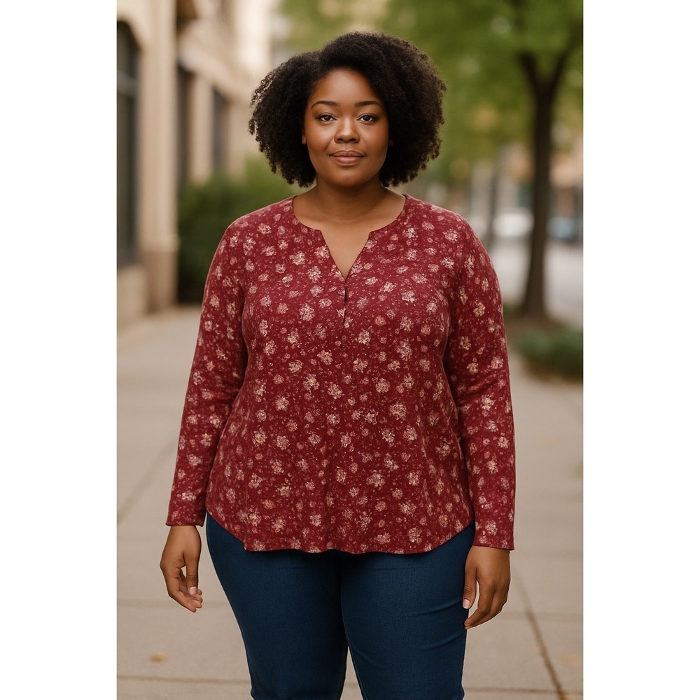 Style & Co. Women's 3X Floral Knit‎ Top Long Sleeve Scarlet Red Blouse